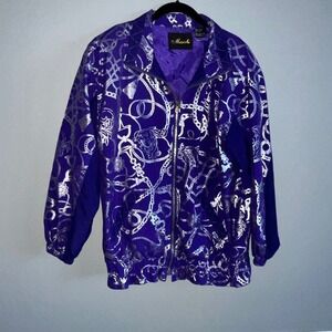 Vintage 90s Mureli Track Suit Bomber Jacket Pants Set L Purple Chain Print Regal